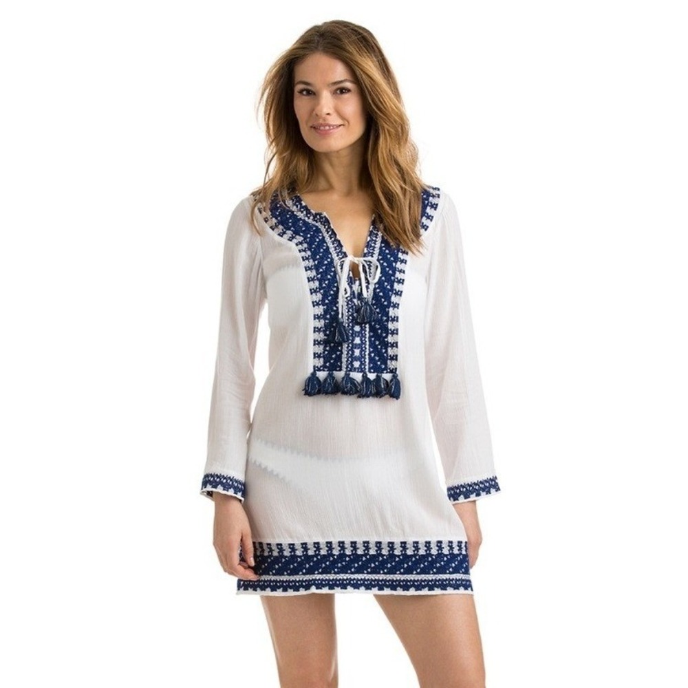 Vineyard Vines Embroidered Tassel Swim Cover Up Tunic White Blue Extra Small
